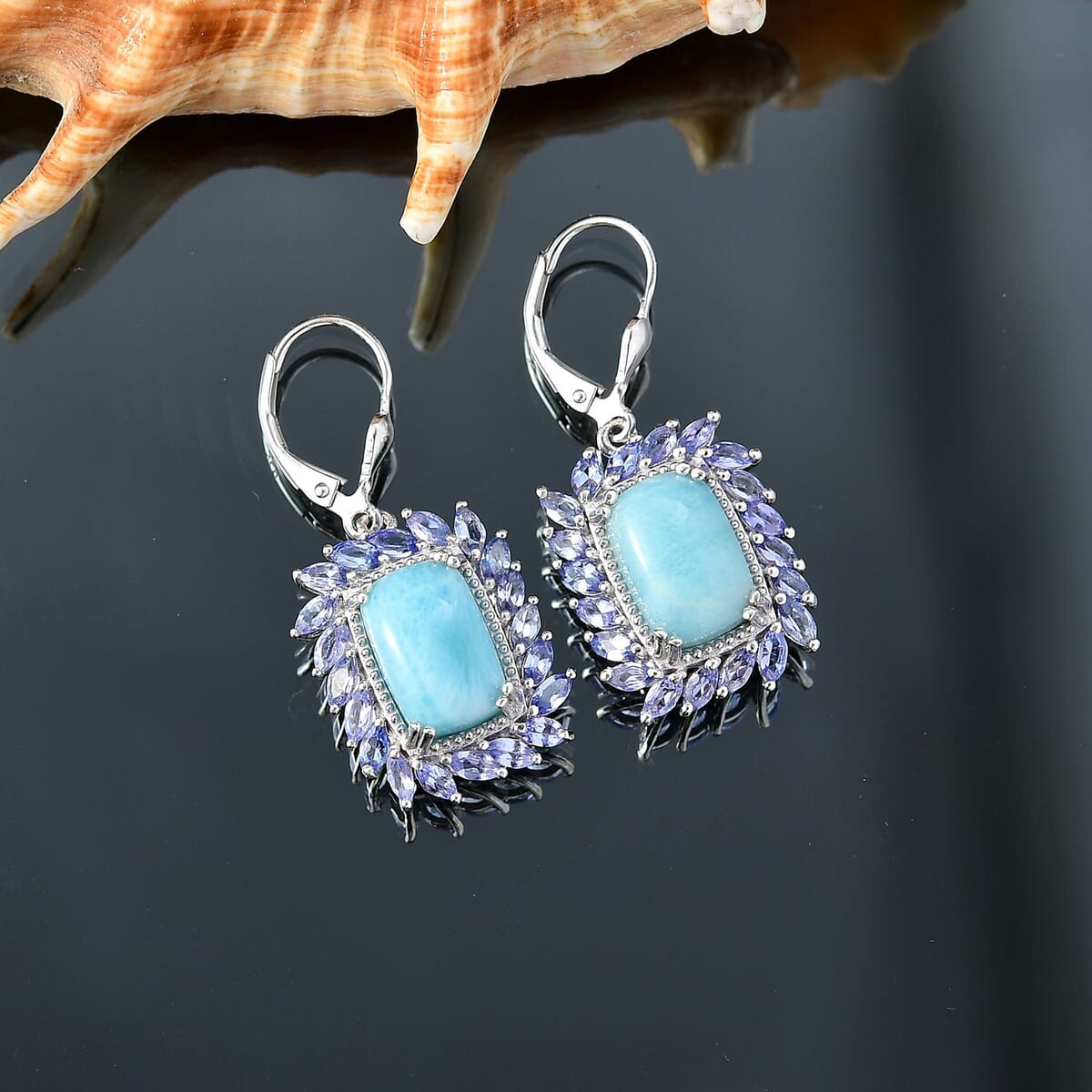 D'Joy Larimar and Tanzanite 13.00 ctw Ocean Waves Earrings in Rhodium Over Sterling Silver image number 1