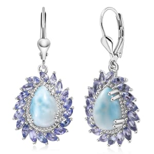 D'Joy Larimar and Tanzanite 9.90 ctw Ocean Waves Earrings in Rhodium Over Sterling Silver