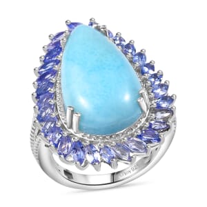D'Joy Larimar and Tanzanite 17.00 ctw Ocean Waves Ring in Rhodium Over Sterling Silver (Size 10.0)