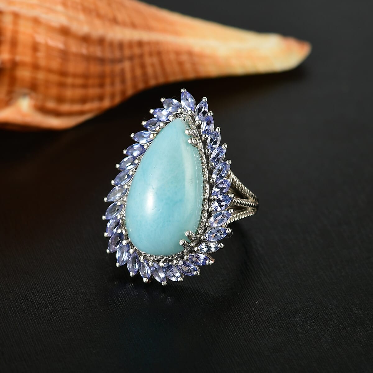 D'Joy Larimar and Tanzanite 17.00 ctw Ocean Waves Ring in Rhodium Over Sterling Silver (Size 10.0) image number 1