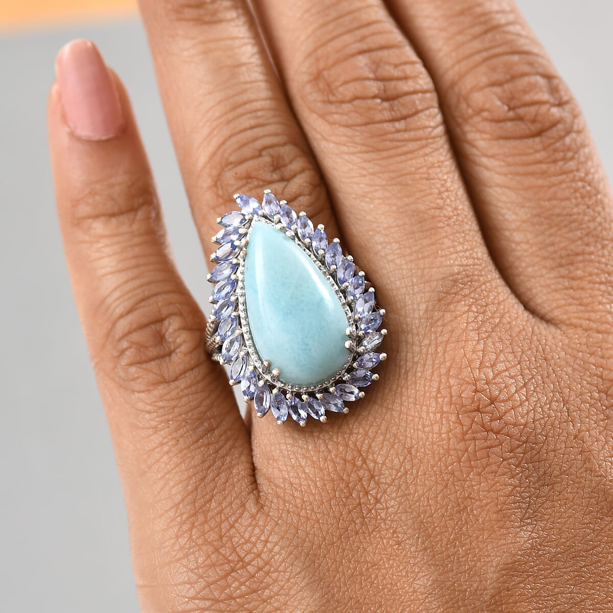 D'Joy Larimar and Tanzanite 17.00 ctw Ocean Waves Ring in Rhodium Over Sterling Silver (Size 10.0) image number 2