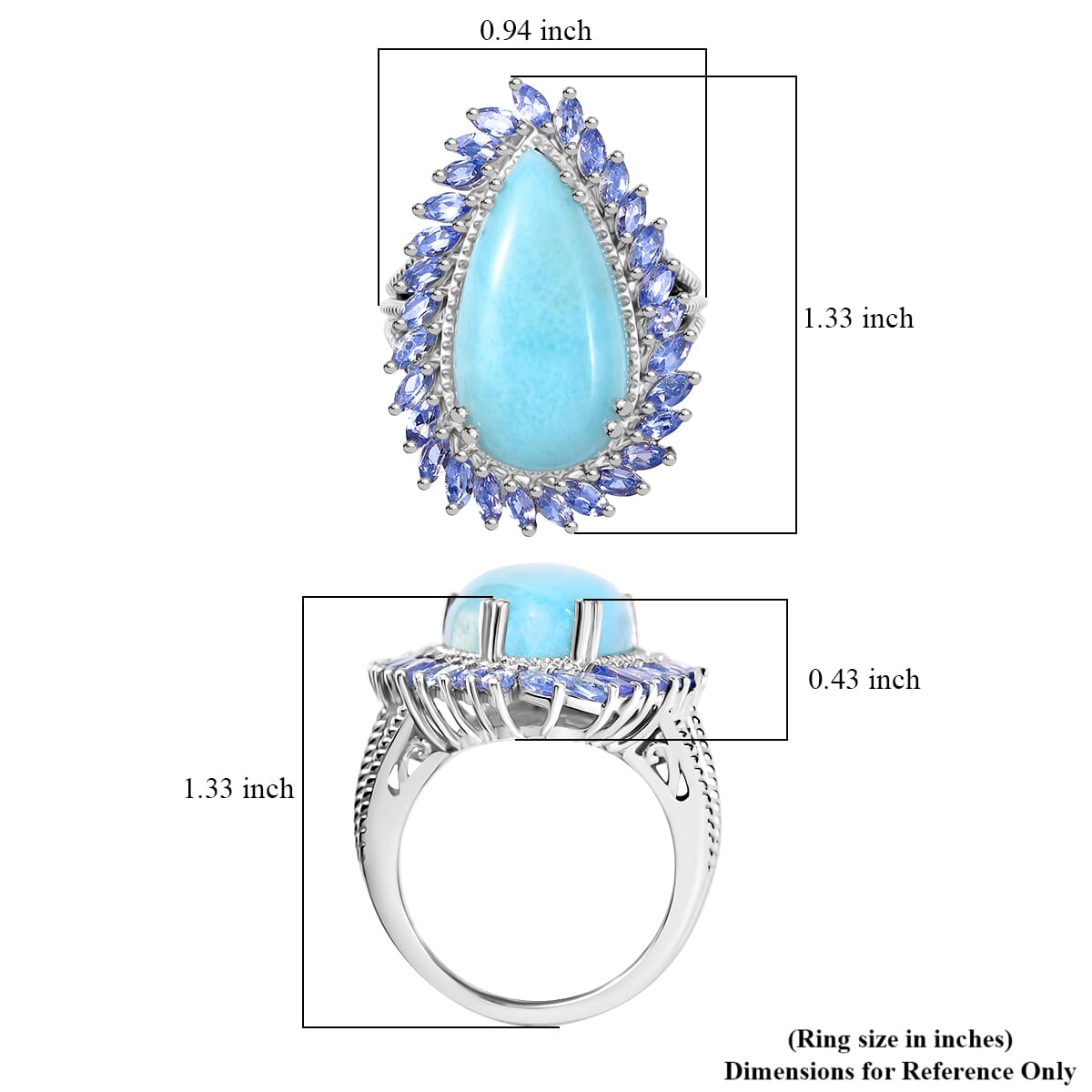 D'Joy Larimar and Tanzanite 17.00 ctw Ocean Waves Ring in Rhodium Over Sterling Silver (Size 10.0) image number 5