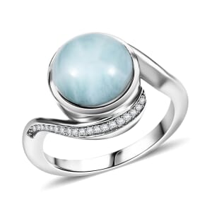 D'Joy Larimar and White Zircon 4.80 ctw Ocean Vortex Ring in Rhodium Over Sterling Silver (Size 10.0)