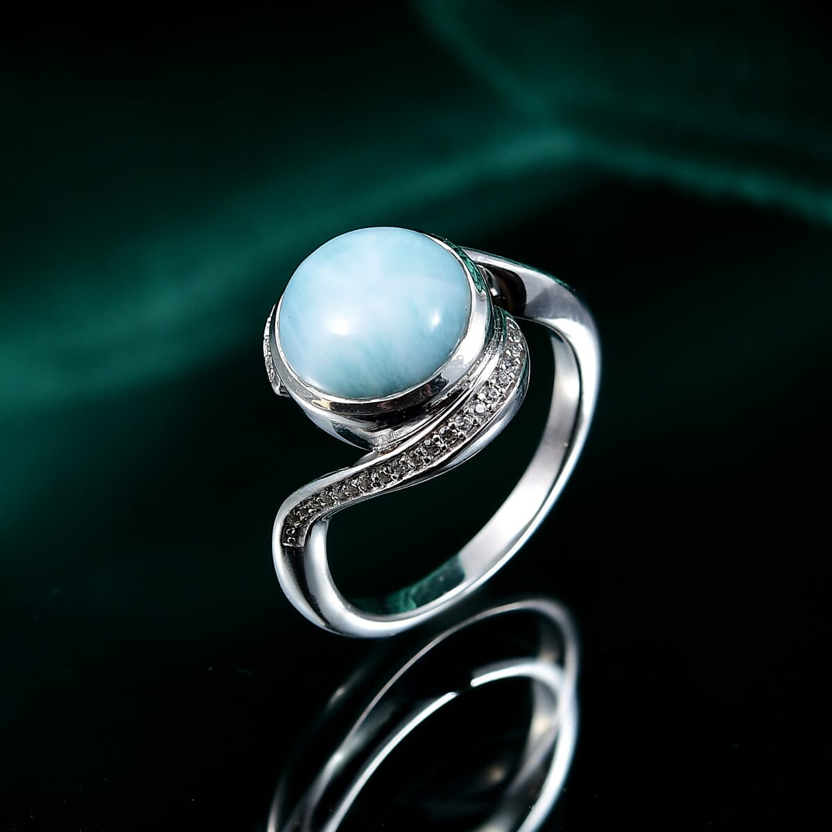 D'Joy Larimar and White Zircon 4.80 ctw Ocean Vortex Ring in Rhodium Over Sterling Silver (Size 10.0) image number 1