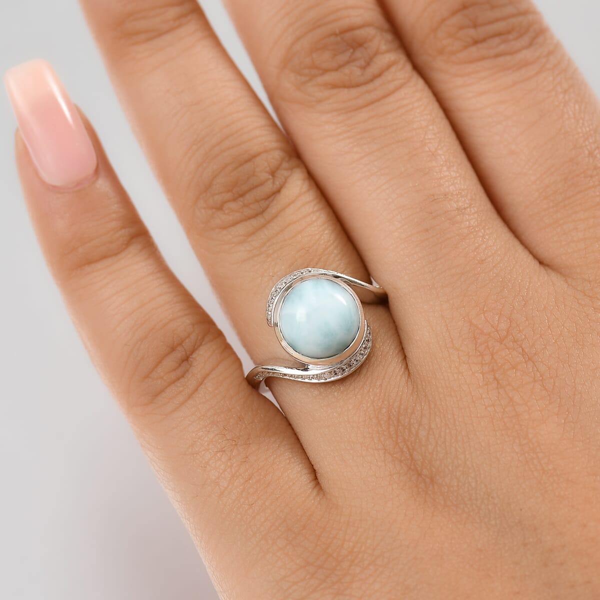 D'Joy Larimar and White Zircon 4.80 ctw Ocean Vortex Ring in Rhodium Over Sterling Silver (Size 10.0) image number 2