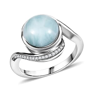 D'Joy Larimar and White Zircon 4.80 ctw Ocean Vortex Ring in Rhodium Over Sterling Silver (Size 8.0)