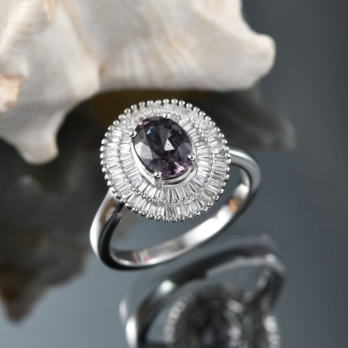 Luxoro Royal Lavender Spinel and I2 Diamond 2.20 ctw Classic Double Halo Ring in 10K White Gold (Size 10.0)  image number 1