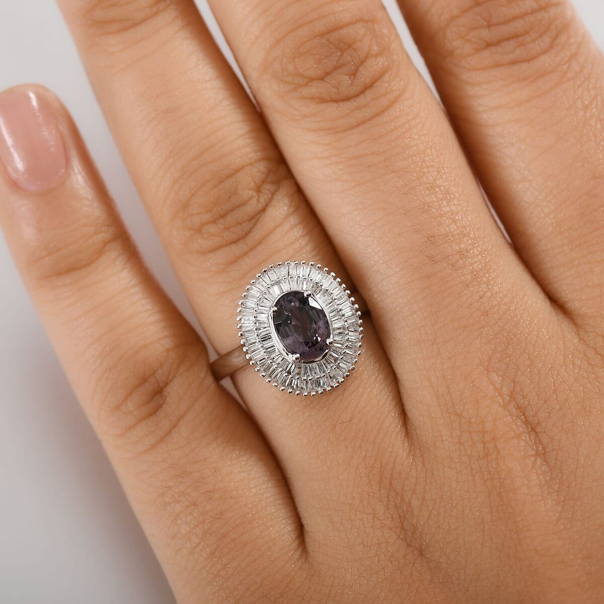 Luxoro Royal Lavender Spinel and I2 Diamond 2.20 ctw Classic Double Halo Ring in 10K White Gold (Size 10.0)  image number 2