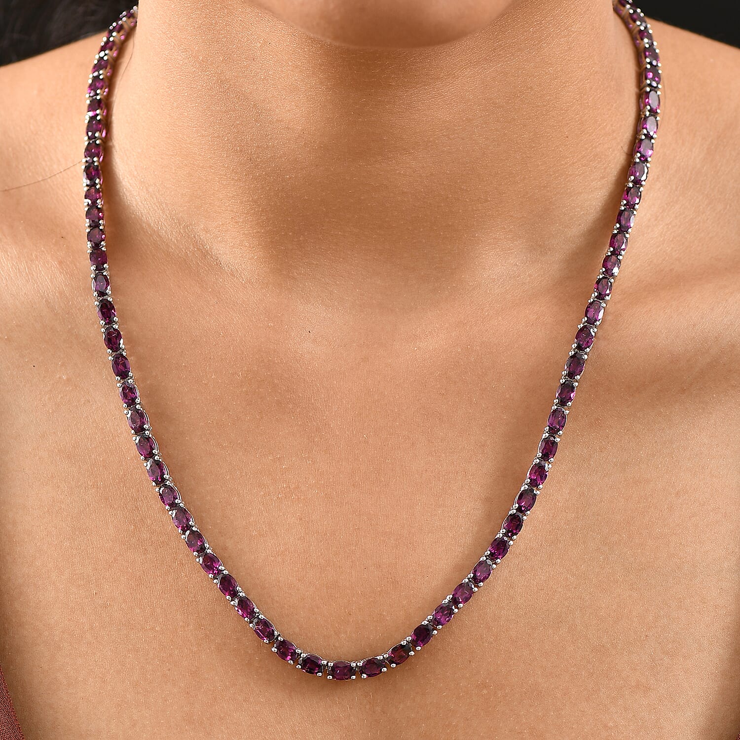 D'Joy Orissa Rhodolite Garnet 39.0 ctw Tennis Necklace in Rhodium Over Sterling Silver 18 Inches 