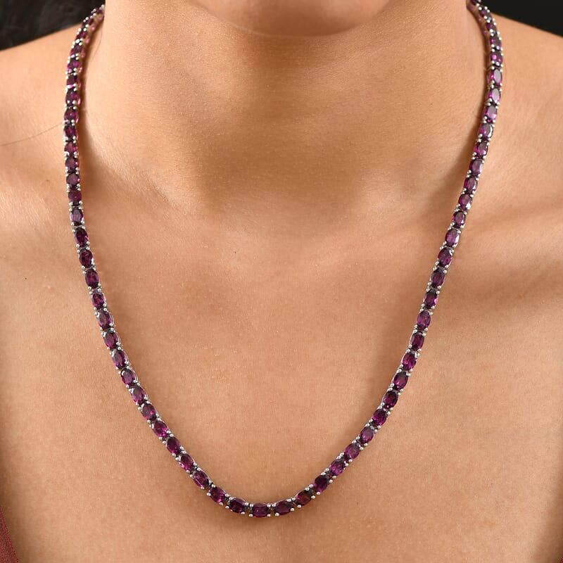 D'Joy Orissa Rhodolite Garnet 39.0 ctw Tennis Necklace in Rhodium Over Sterling Silver 18 Inches 