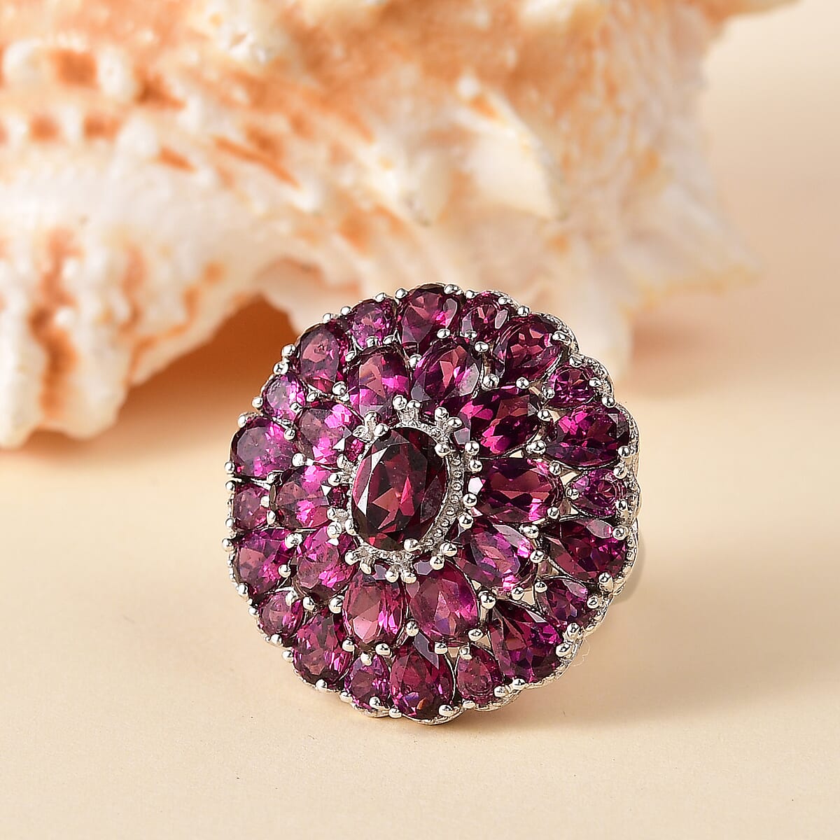 D'Joy Orissa Rhodolite Garnet 12.90 ctw Dahlia Flower Ring in Rhodium Over Sterling Silver (Size 7.0) image number 1