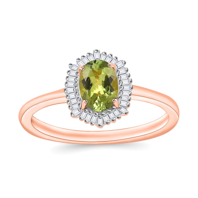 Natural Calabar Green Tourmaline and Diamond 1.19 ctw Ring in 18K Vermeil Rose Gold Over Sterling Silver (Size  10.0)