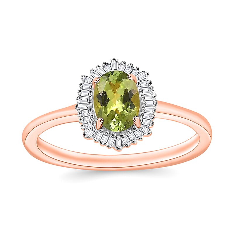 Natural Calabar Green Tourmaline and Diamond 1.19 ctw Ring in 18K Vermeil Rose Gold Over Sterling Silver (Size  10.0)