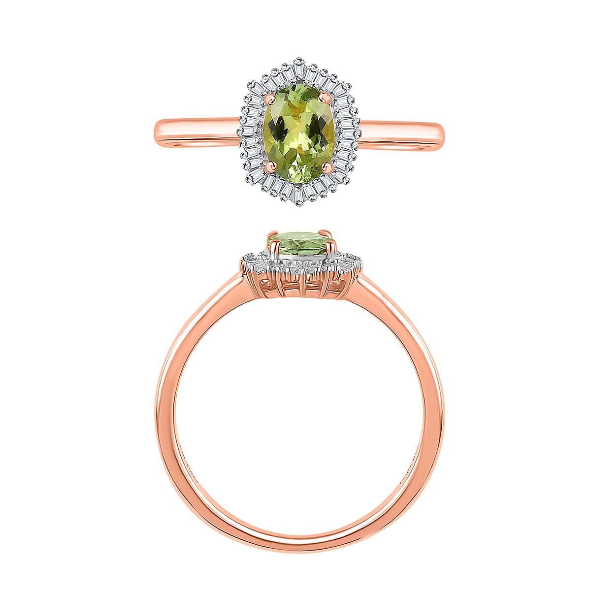 Natural Calabar Green Tourmaline and Diamond 1.19 ctw Ring in 18K Vermeil Rose Gold Over Sterling Silver (Size  10.0) image number 3