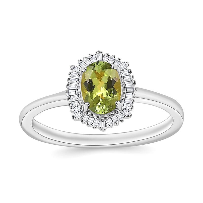 Natural Calabar Green Tourmaline and Diamond 1.19 ctw Ring in Rhodium Over Sterling Silver (Size  10.0)