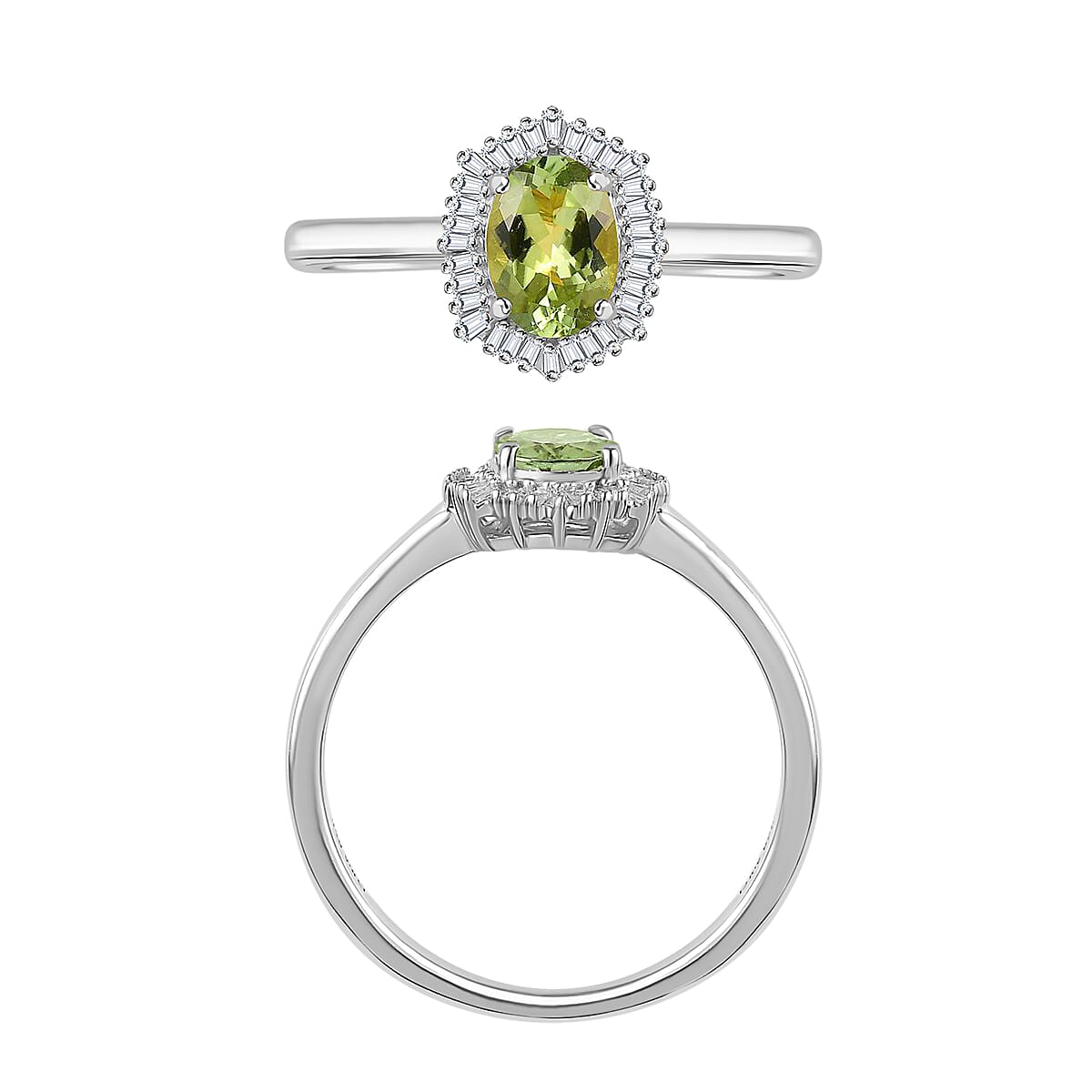Natural Calabar Green Tourmaline and Diamond 1.19 ctw Ring in Rhodium Over Sterling Silver (Size  10.0)