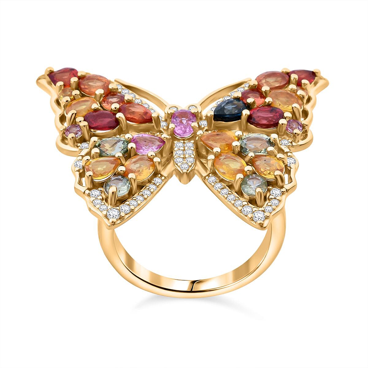 Multi Sapphire, White Zircon 5.27 ctw Ring in 18K Vermeil Yellow Gold Over Sterling Silver (Size 6.5)