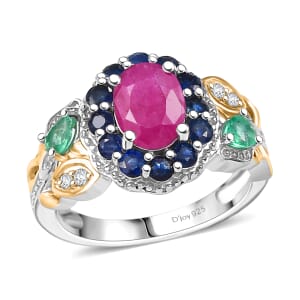 D'Joy Premium Royal Ruby and Multi Gemstone 2.65 ctw Ring in 18K Vermeil YG and Rhodium Over Sterling Silver (Size 10.0)