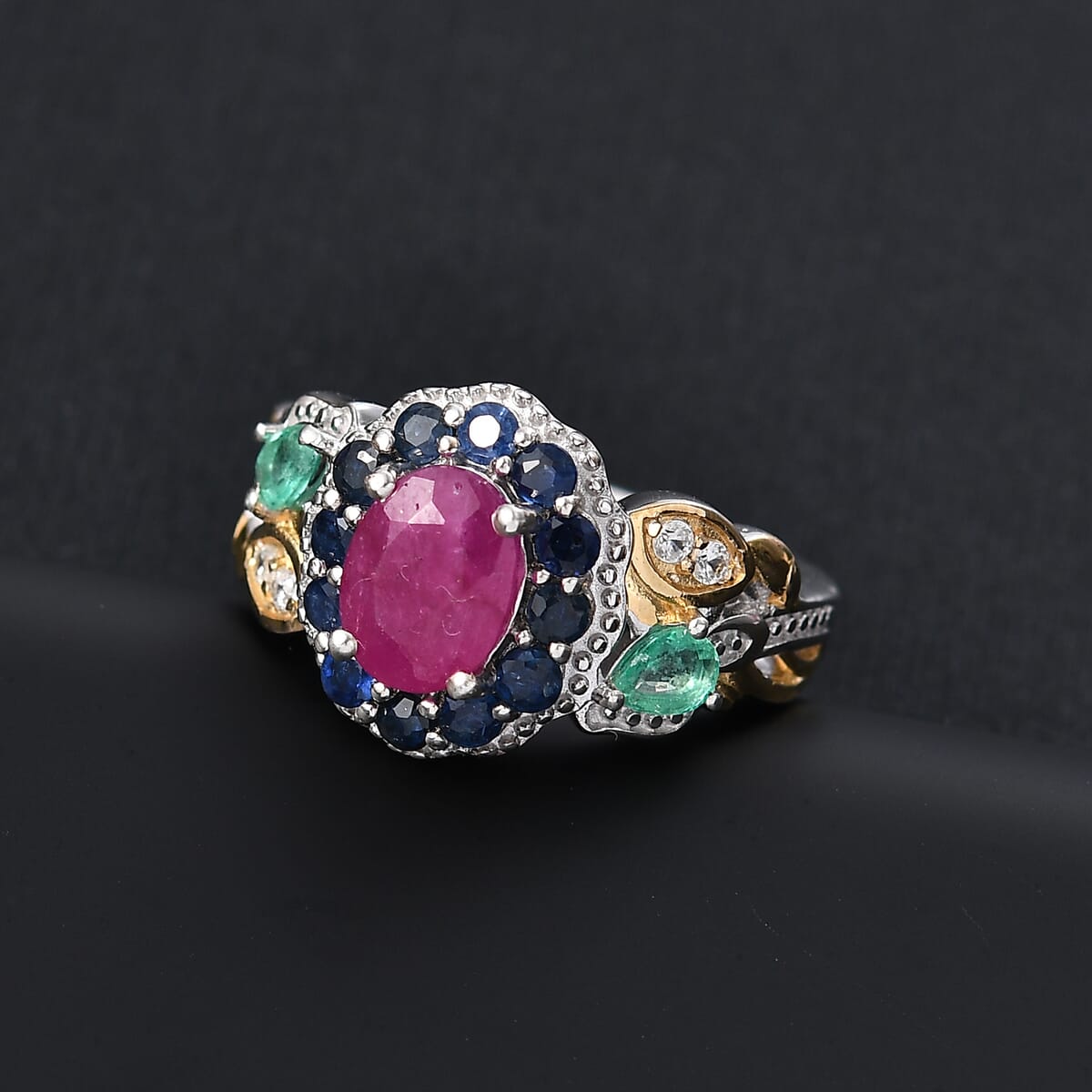 D'Joy Premium Royal Ruby and Multi Gemstone 2.65 ctw Floral Ring in 18K Vermeil YG and Rhodium Over Sterling Silver (Size 10.0) image number 1