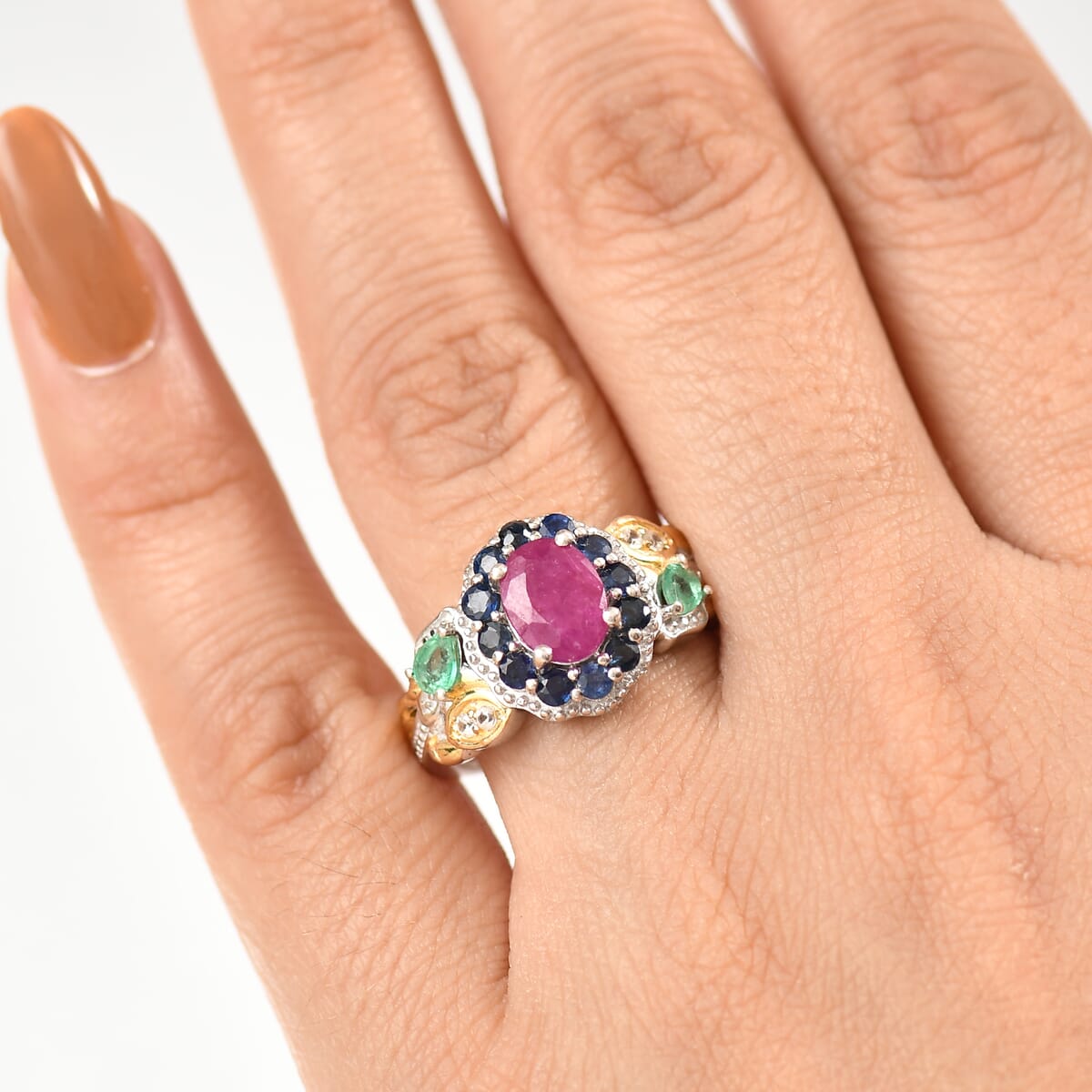 D'Joy Premium Royal Ruby and Multi Gemstone 2.65 ctw Floral Ring in 18K Vermeil YG and Rhodium Over Sterling Silver (Size 10.0) image number 2