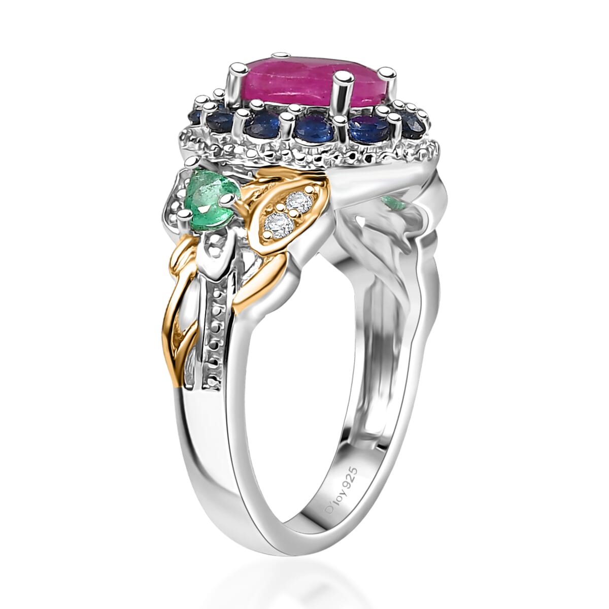 D'Joy Premium Royal Ruby and Multi Gemstone 2.65 ctw Floral Ring in 18K Vermeil YG and Rhodium Over Sterling Silver (Size 10.0) image number 3