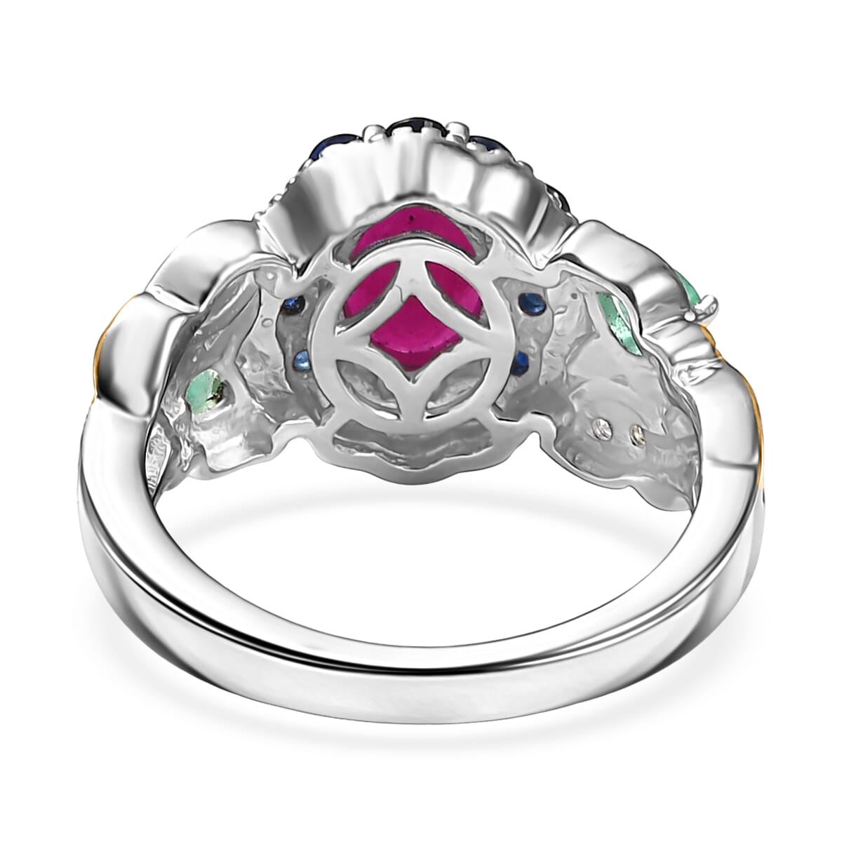 D'Joy Premium Royal Ruby and Multi Gemstone 2.65 ctw Floral Ring in 18K Vermeil YG and Rhodium Over Sterling Silver (Size 10.0) image number 4