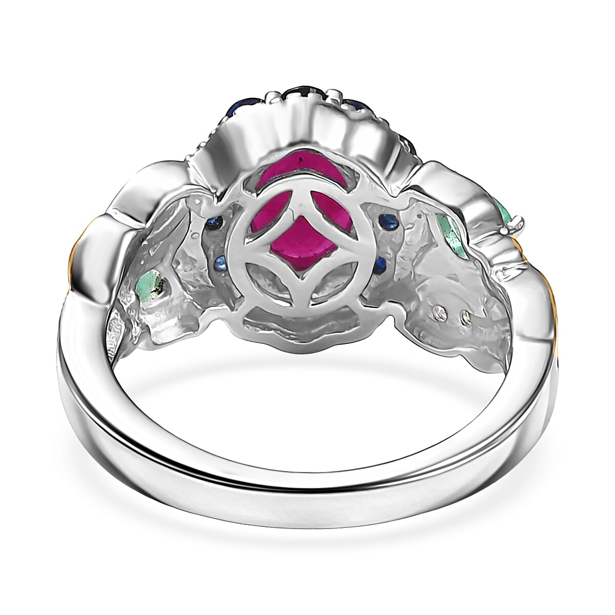 D'Joy Premium Royal Ruby and Multi Gemstone 2.65 ctw Floral Ring in 18K Vermeil YG and Rhodium Over Sterling Silver (Size 7.0) image number 4