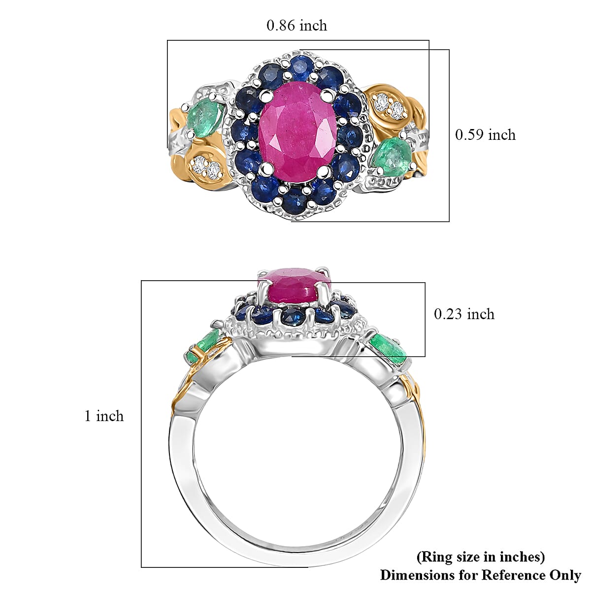 D'Joy Premium Royal Ruby and Multi Gemstone 2.65 ctw Floral Ring in 18K Vermeil YG and Rhodium Over Sterling Silver (Size 7.0) image number 5