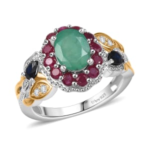 D'Joy Premium Kagem Zambian Emerald and Multi Gemstone 2.35 ctw Floral Ring in 18K Vermeil YG and Rhodium Over Sterling Silver (Size 10.0)