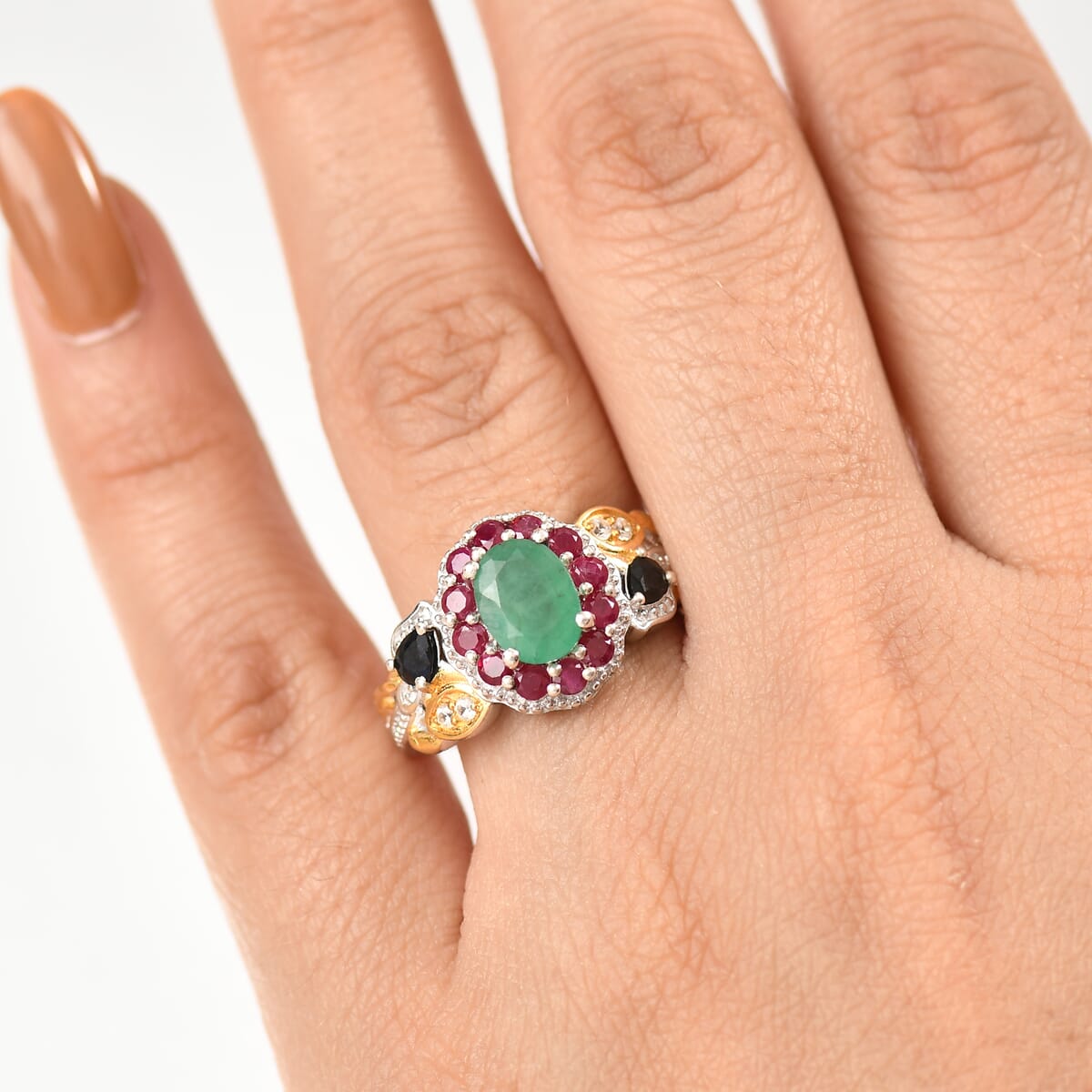 D'Joy Premium Kagem Zambian Emerald and Multi Gemstone 2.35 ctw Floral Ring in 18K Vermeil YG and Rhodium Over Sterling Silver (Size 10.0) image number 2
