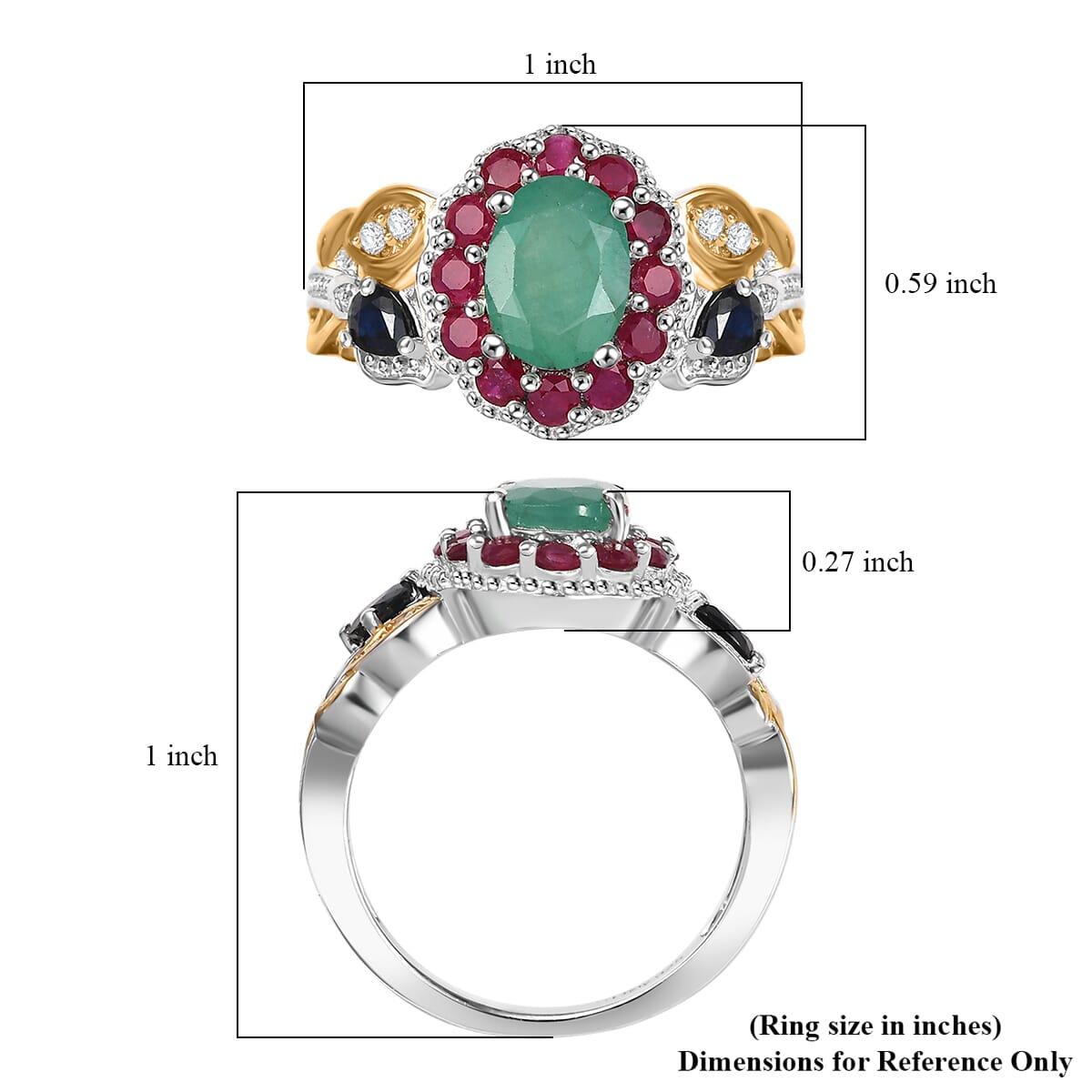 D'Joy Premium Kagem Zambian Emerald and Multi Gemstone 2.35 ctw Floral Ring in 18K Vermeil YG and Rhodium Over Sterling Silver (Size 10.0) image number 5