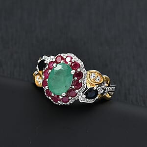D'Joy Kagem Zambian Emerald, Multi Gemstone Floral Ring in 18K Vermeil YG and Rhodium Over Sterling Silver 2.35 ctw (Size 6.0)