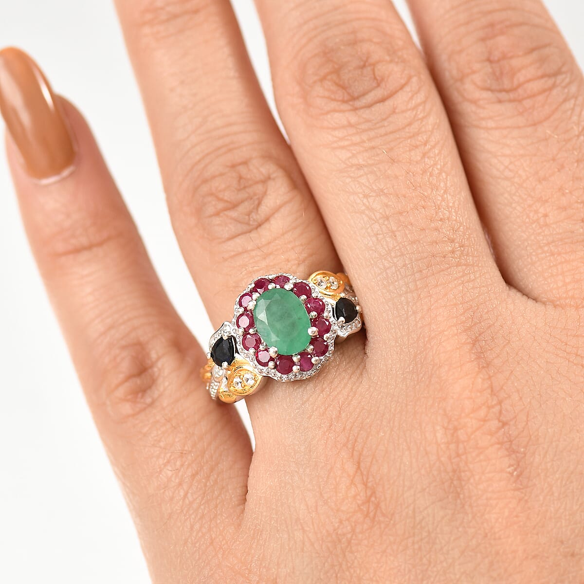 D'Joy Premium Kagem Zambian Emerald and Multi Gemstone 2.35 ctw Floral Ring in 18K Vermeil YG and Rhodium Over Sterling Silver (Size 6.0) image number 2