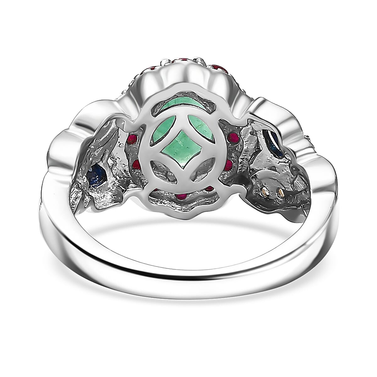 D'Joy Premium Kagem Zambian Emerald and Multi Gemstone 2.35 ctw Floral Ring in 18K Vermeil YG and Rhodium Over Sterling Silver (Size 6.0) image number 4
