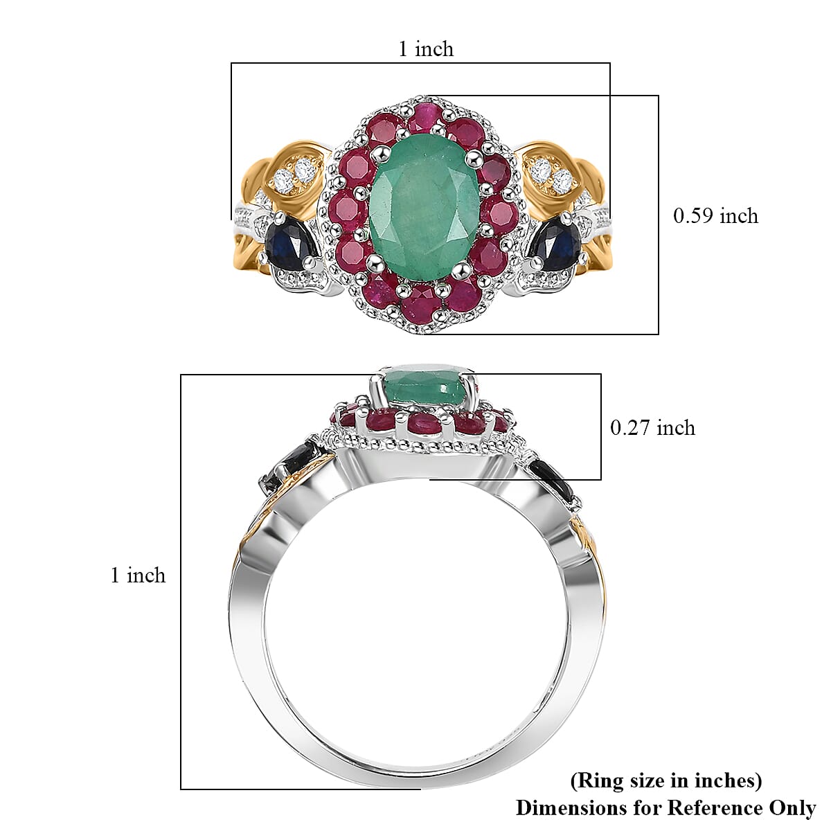 D'Joy Premium Kagem Zambian Emerald and Multi Gemstone 2.35 ctw Floral Ring in 18K Vermeil YG and Rhodium Over Sterling Silver (Size 6.0) image number 5