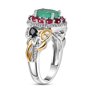 D'Joy Kagem Zambian Emerald, Multi Gemstone Floral Ring in 18K Vermeil YG and Rhodium Over Sterling Silver 2.35 ctw (Size 7.0)
