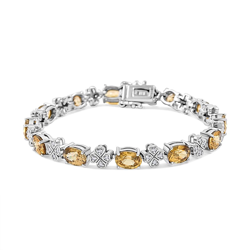 Premium Tanzanian Yellow Zircon and White Zircon 10.40 ctw Leaf Clover Bracelet in Rhodium Over Sterling Silver (6.50 In)