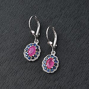 D'Joy Premium Royal Ruby and Blue Sapphire 1.90 ctw Lever Back Earrings in 18K Vermeil YG and Rhodium Over Sterling Silver