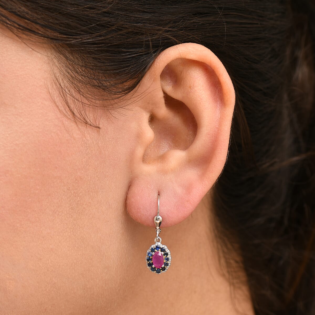 D'Joy Premium Royal Ruby and Blue Sapphire 1.90 ctw Lever Back Earrings in 18K Vermeil YG and Rhodium Over Sterling Silver image number 2