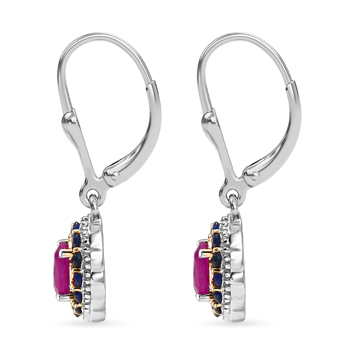 D'Joy Premium Royal Ruby and Blue Sapphire 1.90 ctw Lever Back Earrings in 18K Vermeil YG and Rhodium Over Sterling Silver image number 3