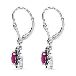 D'Joy Premium Royal Ruby and Blue Sapphire 1.90 ctw Lever Back Earrings in 18K Vermeil YG and Rhodium Over Sterling Silver