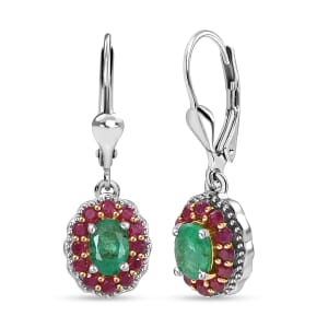 D'Joy Premium Kagem Zambian Emerald and Royal Ruby 1.70 ctw Lever Back Earrings in 18K Vermeil YG and Rhodium Over Sterling Silver