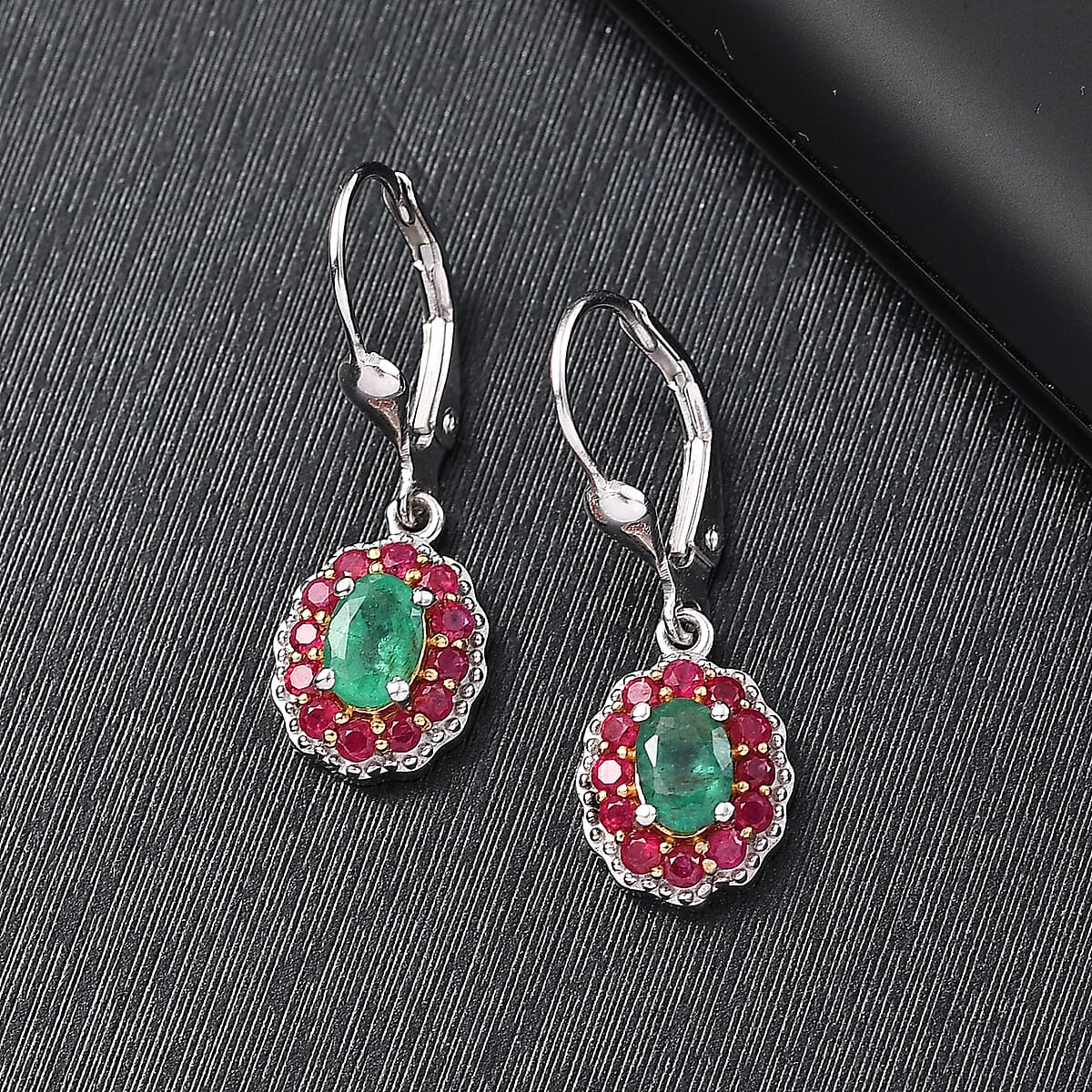 D'Joy Premium Kagem Zambian Emerald and Royal Ruby 1.70 ctw Lever Back Earrings in 18K Vermeil YG and Rhodium Over Sterling Silver image number 1