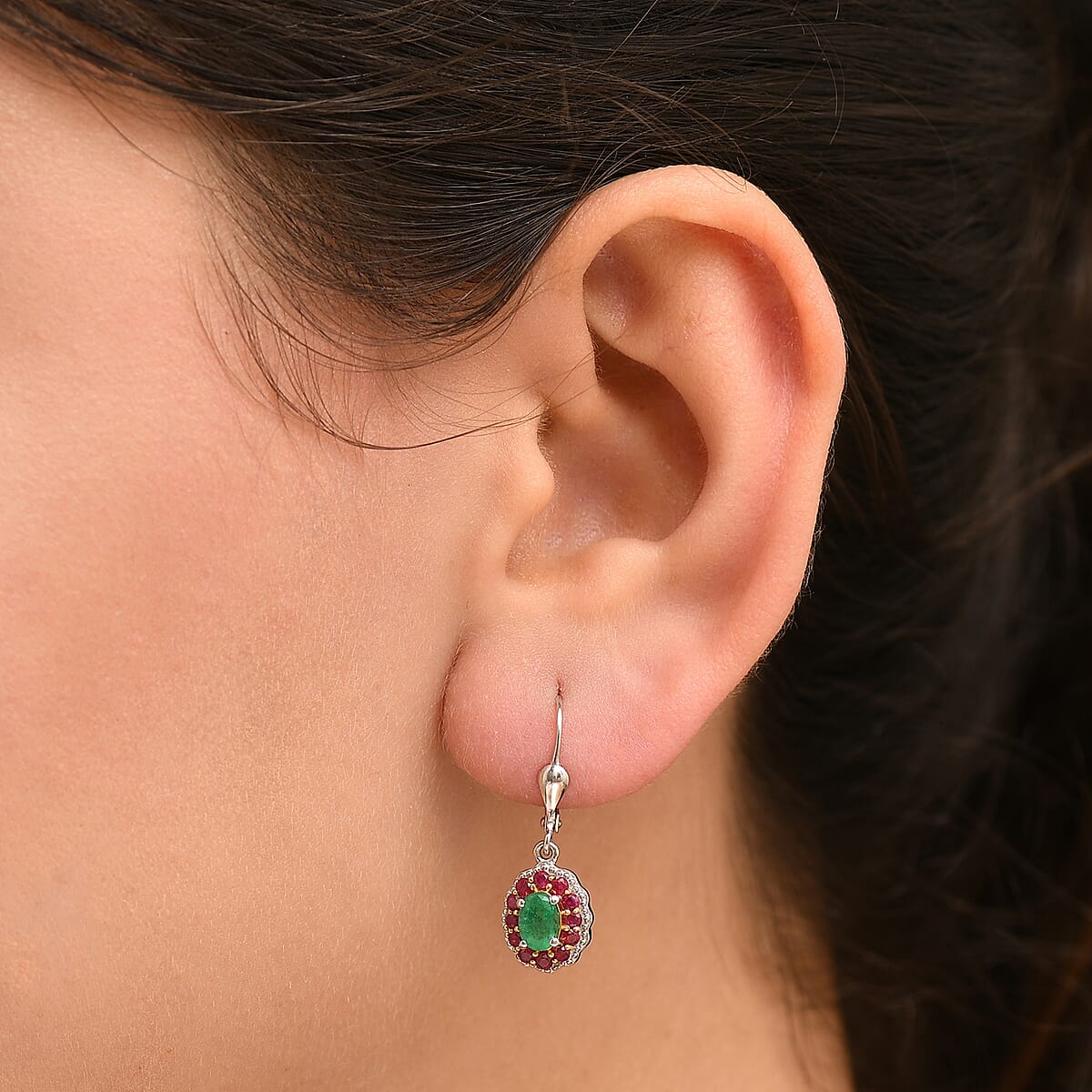 D'Joy Premium Kagem Zambian Emerald and Royal Ruby 1.70 ctw Lever Back Earrings in 18K Vermeil YG and Rhodium Over Sterling Silver image number 2