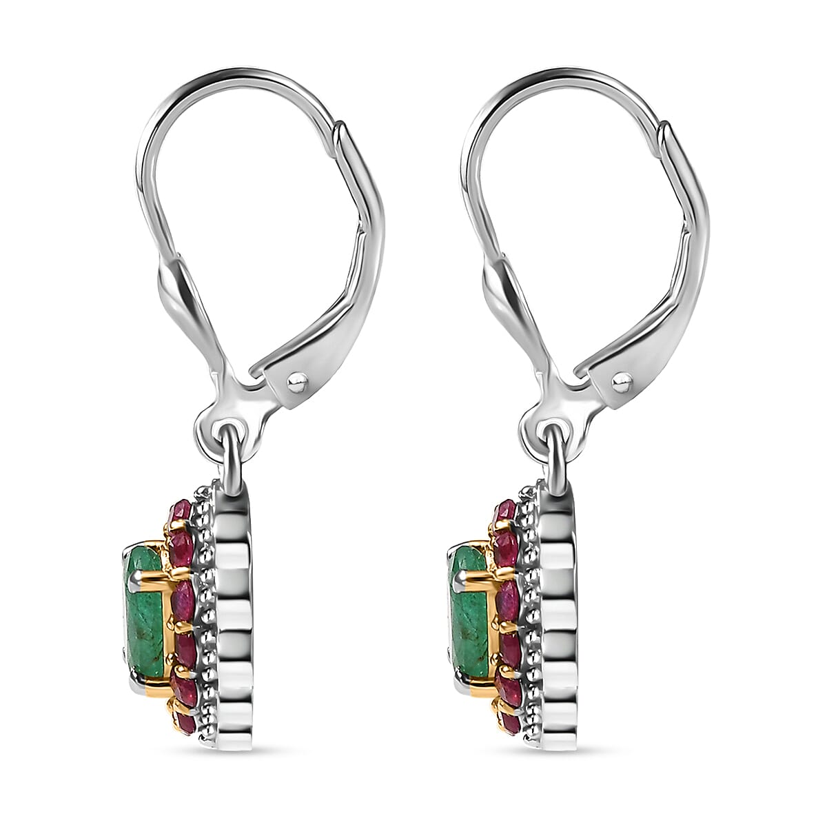 D'Joy Premium Kagem Zambian Emerald and Royal Ruby 1.70 ctw Lever Back Earrings in 18K Vermeil YG and Rhodium Over Sterling Silver image number 3