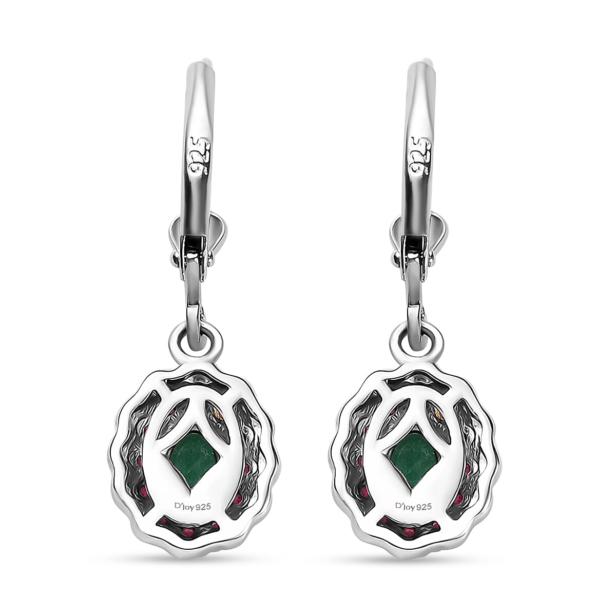 D'Joy Premium Kagem Zambian Emerald and Royal Ruby 1.70 ctw Lever Back Earrings in 18K Vermeil YG and Rhodium Over Sterling Silver image number 4