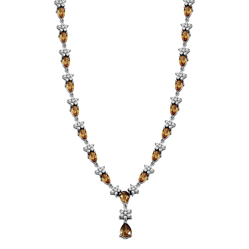 D'Joy Premium Tanzania Yellow Zircon and White Zircon 16.40 ctw Floral Necklace 18 Inches in Rhodium Over Sterling Silver