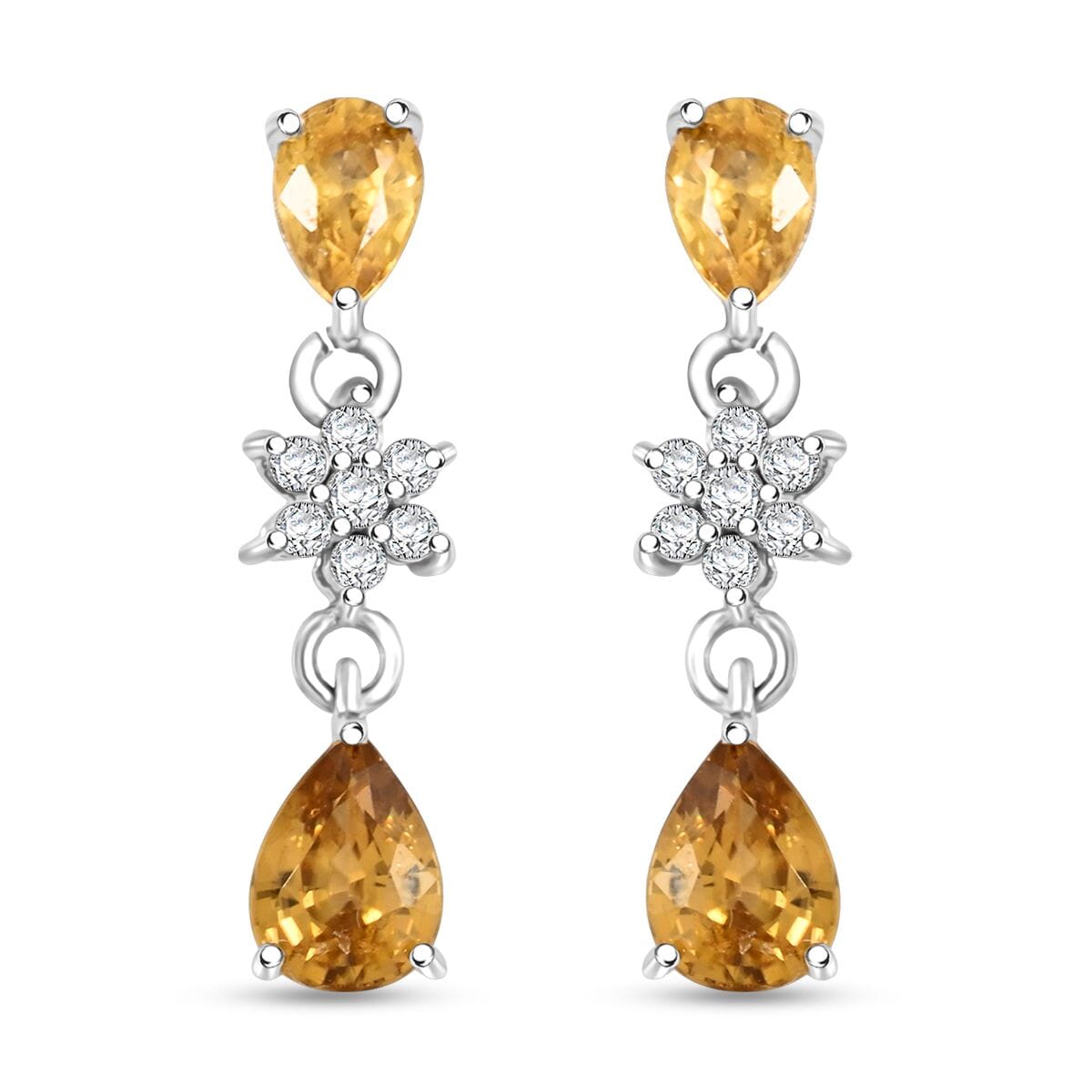 Premium Tanzania Yellow Zircon and White Zircon 3.85 ctw Eternal Drizzle Drop Earrings in Rhodium Over Sterling Silver image number 0