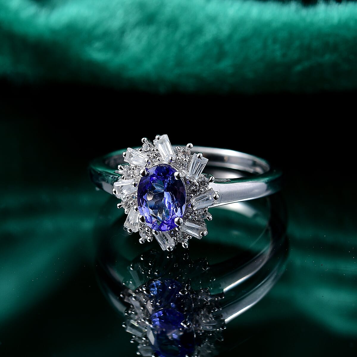 D'Joy Tanzanite and White Zircon 1.35 ctw Starburst Ring in Rhodium Over Sterling Silver (Size 5.0) image number 1
