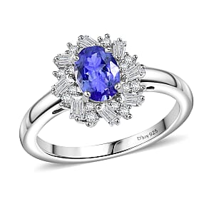D'Joy Tanzanite and White Zircon 1.35 ctw Starburst Ring in Rhodium Over Sterling Silver (Size 7.0)